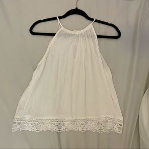 White high neck blouse with lace trim